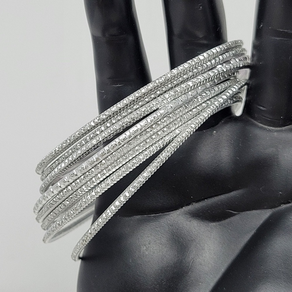 Lot Of 9‎ Thin Silver-Tone Bangles With Textured & Smooth Designs For Women